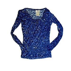 Fuzzi Made In Italy Long Sleeve Blue Leopard Tee‎ Shirt Black Blue Size XS Y2K